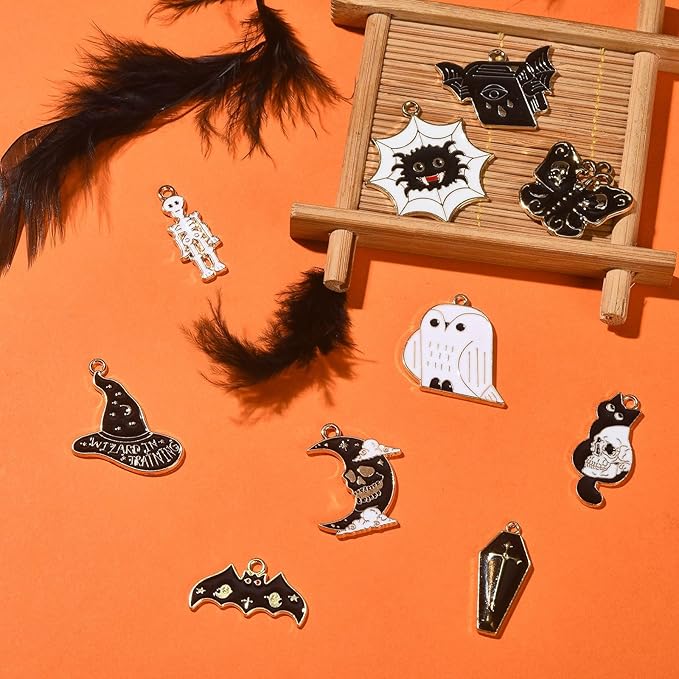 LiQunSweet 20 Pcs 10 Styles Animal Enamel Charms Book with Bat Cat Skull Skeleton for Halloween for DIY Bracelet Keychain Necklace Jewelry Making