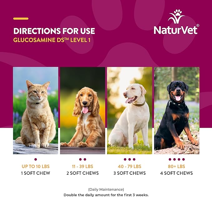 NaturVet Glucosamine DS Level 1 Maintenance, Joint Care Support Supplement for Dogs and Cats, Soft Chews, Made in The USA