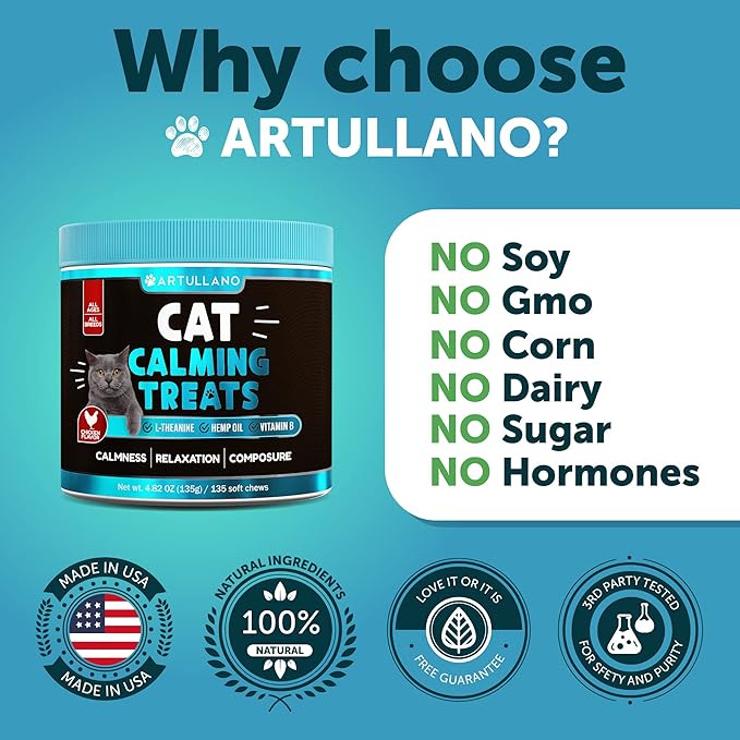 Hemp Cat Calming Treats - Cat Anxiety Relief - Storm Anxiety, Сomposure, Grooming, Separation, Travel - Calming Aid for Cats with Hemp Oil, L-Theanine - Cat Melatonin - Made in USA - 135 Soft Chews