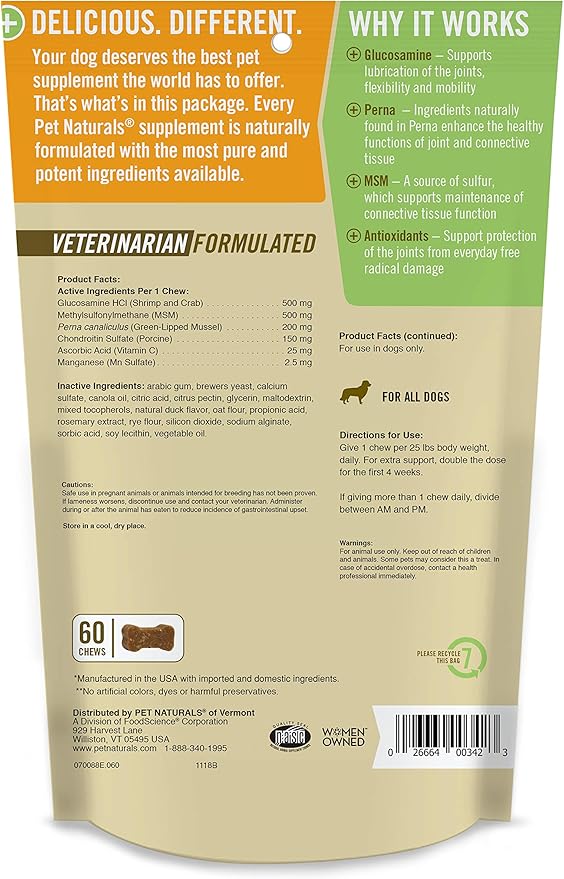 Pet Naturals Hip and Joint PRO with Glucosamine, Chondroitin and MSM for Dogs, 60 Chews