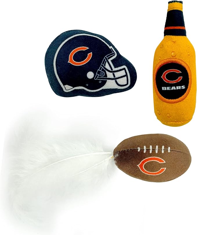 BEST PLUSH CAT TOY - NFL CHICAGO BEARS Complete Set of 3 piece Cat Toys filled with Fresh Catnip. Includes: 1 Helmet Cat Toy, 1 Football Cat Toy with Feathers & 1 Beer Bottle. Beautiful Team LOGOS