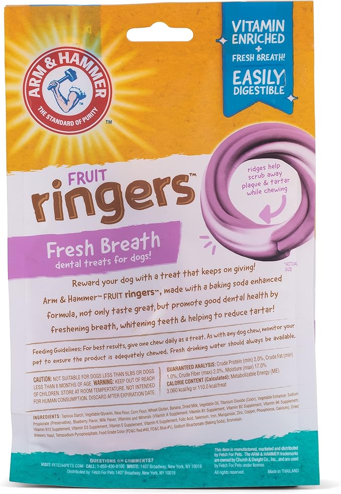 Arm & Hammer for Pets Ringers Dental Treats for Dogs | Dog Dental Chews Fight Bad Breath & Tartar Without Brushing | Fruity Blueberry Flavor in Dog Treat Bag (Pack of 24,120 Count Total)