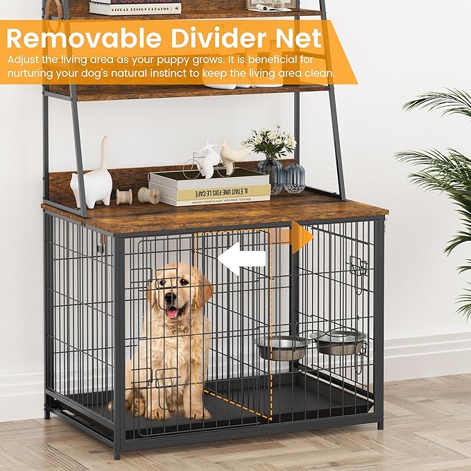 GAOMON Wooden Dog Crate Furniture with Storage Shelves,Dog Kennel Indoor with Removable Tray,Double Doors Modern Dog Crate, Dog House with Two Adjustable Stainless Steel Bowls,End Table Dog Crate