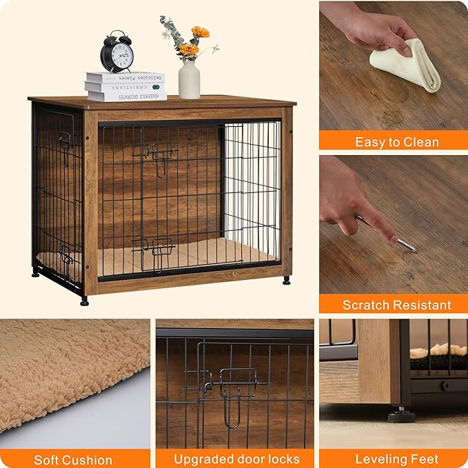 DWANTON Dog Crate Furniture with Cushion, Wooden Dog Crate with Double Doors, Dog Furniture, Indoor Dog Kennel，End Table, Medium, 32.5" L, Warm Brown