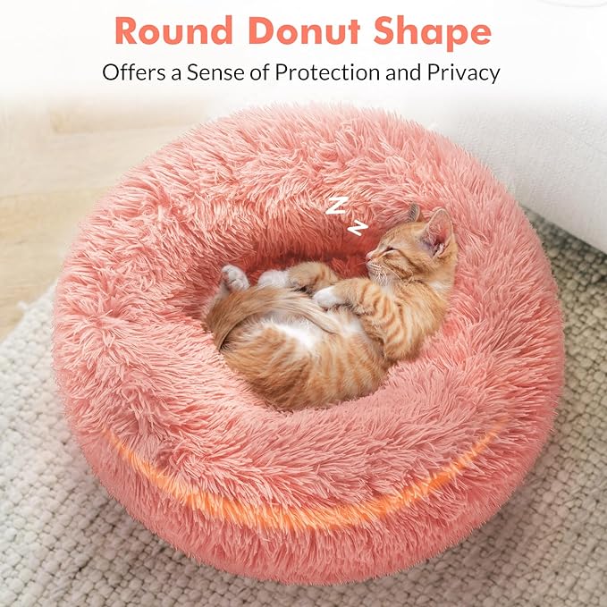 rabbitgoo Cat Beds for Indoor Cats, 24 inches Cat Bed Machine Washable, Fluffy Round Pet Bed Non-Slip, Calming Soft Plush Donut Cuddler Cushion Self Warming for Small Dogs Kittens, Pink, Large