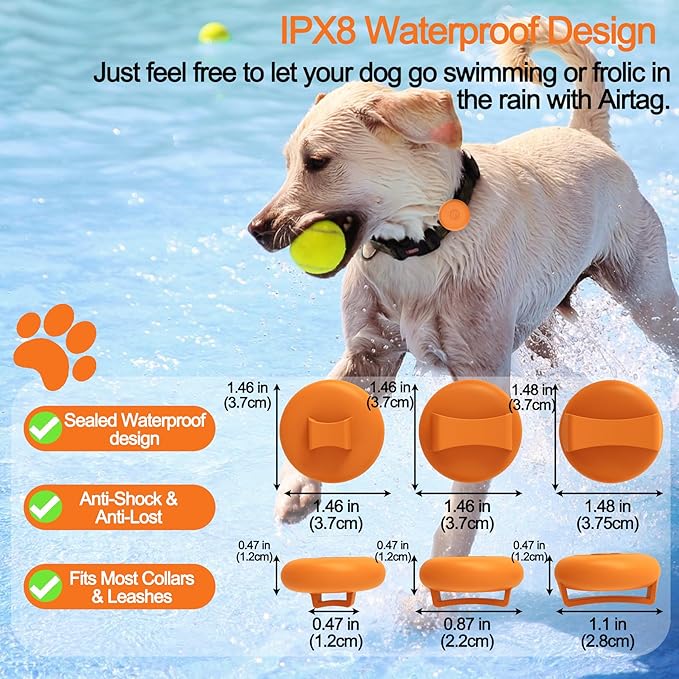 IPX8 Waterproof AirTag Dog Collar Holder, Hidden Air Tag Case for Cat Collar, Anti-Lost Silicone Cover for AirTag GPS Tracker Compatible with Pets Loop, Fits All Width Collars(Orange S)