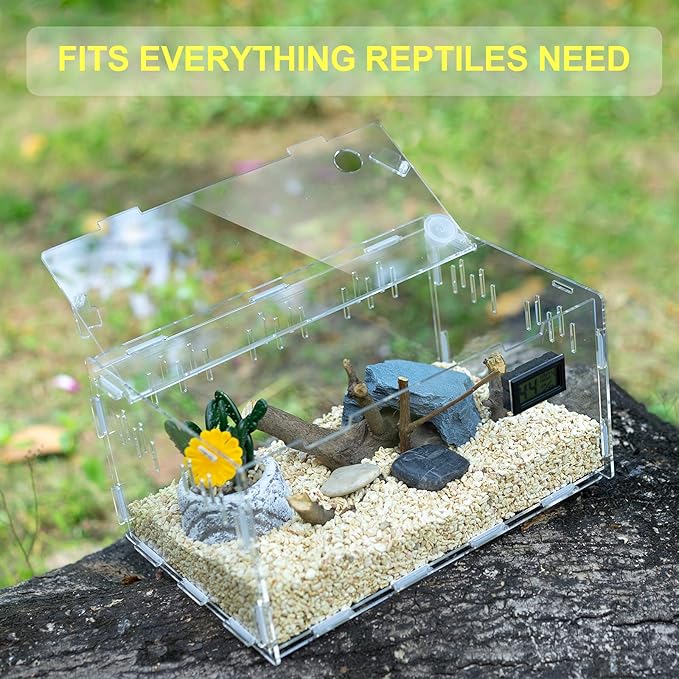 BETAZOOER Reptile Terrarium Breeding Tank Acrylic Reptile Feeding Box with Temperature Hygrometer (11.4"x7.7"x5.9")