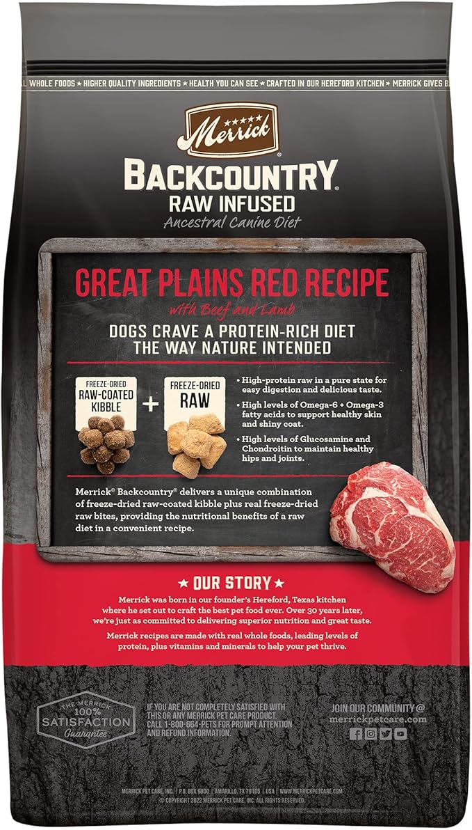 Merrick Backcountry Grain Free Dry Adult Dog Food Kibble with Freeze Dried Raw Pieces, Great Plains Red Recipe - 20.0 Lb. Bag