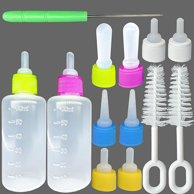 2 Sets of 5-Color Plastic and Silicone Feeding pet Supplies Set, Squeeze Liquid Bottles, Replaceable teats Mini for Newborn Kittens, Puppies, Rabbits, Replacement Small Animals cat Bottle Tools