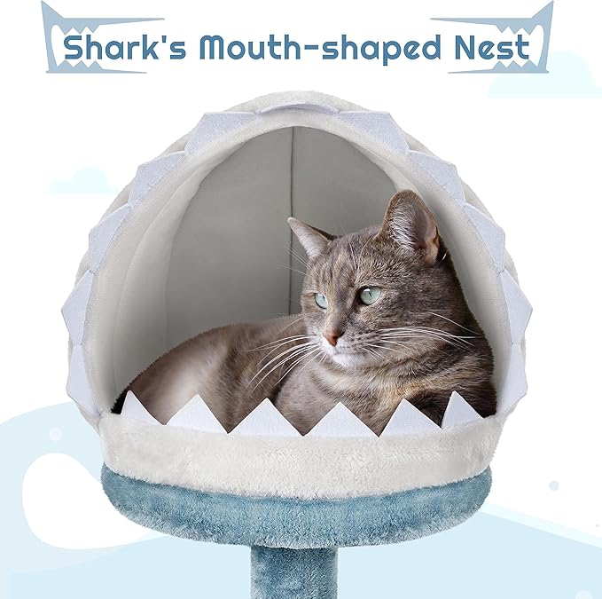 Yaheetech 45.5in Ocean-Themed Cat Tree Multi-Level Cat Tower, Plush Cat Furniture with Shark's Mouth-Shaped Nest, Sea Star-Shaped Perch, Jellyfish-Style Hammock for Indoor Cat Kitty