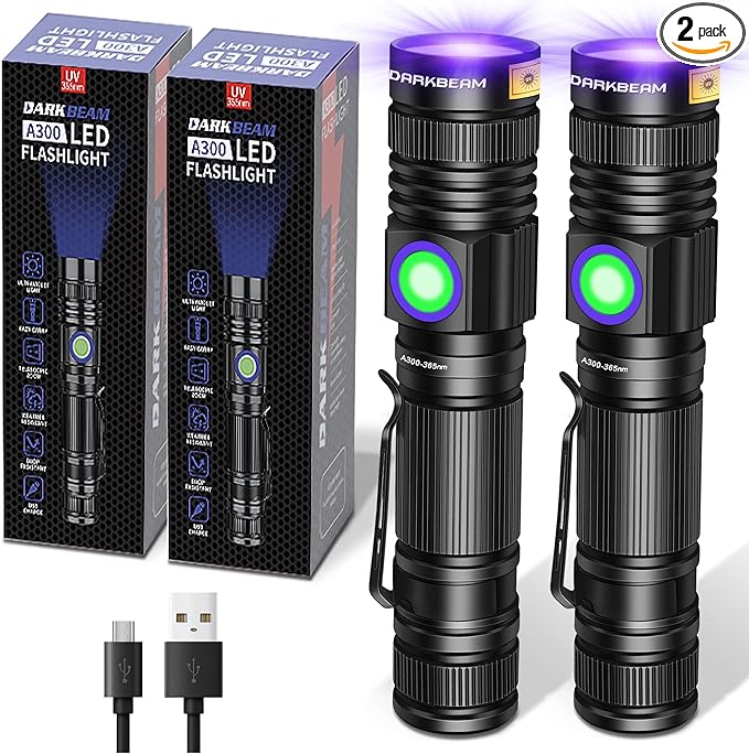 DARKBEAM UV 365nm Flashlight Blacklight Rechargeable USB Wood’s lamp Handheld Ultraviolet Black Light LED Portable, Pet Urine Detector, Resin Curing, Appraisal, Fluorescent Detection, 2 Pack