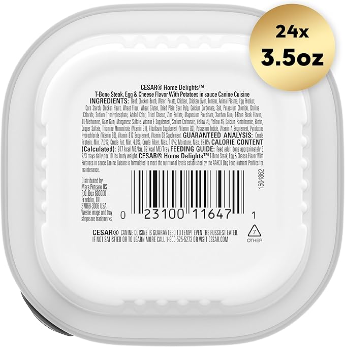 CESAR HOME DELIGHTS Adult Wet Dog Food T-Bone Steak, Egg & Cheese Flavor in Sauce, 3.5 oz. Easy Peel Trays, Pack of 24