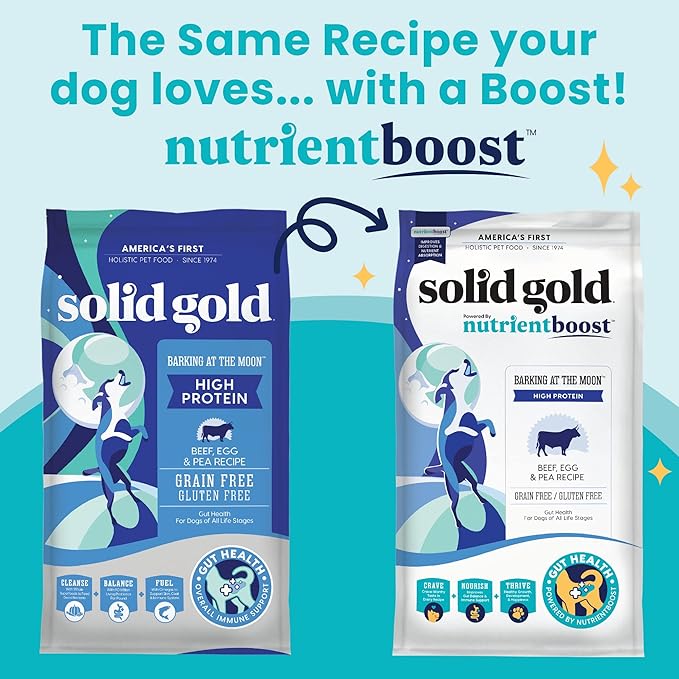 Solid Gold Dry Dog Food w/Nutrientboost for Adult & Senior Dogs - Made with Real Beef, Egg, and Pea - Barking at The Moon High Protein Dog Food for Energy, Digestive and Immune Support - 11 LB Bag