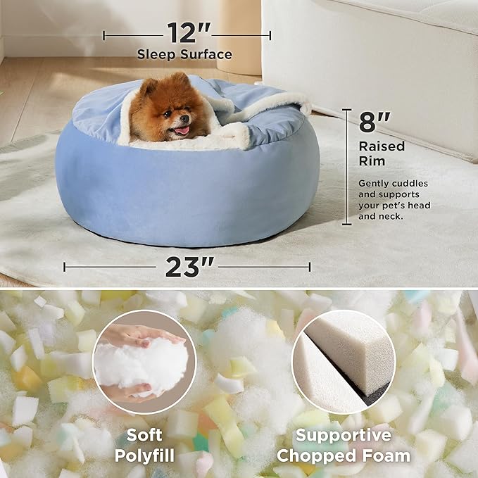 Lesure Small Dog Bed with Cover Cave - Covered Round Puppy Bed with Hooded Blanket, Machine Washable Burrow Pet Bed for Small Dogs and Cats, Cuddler Cozy Cave Dog Bed with Anti-Slip Bottom, Blue 23"