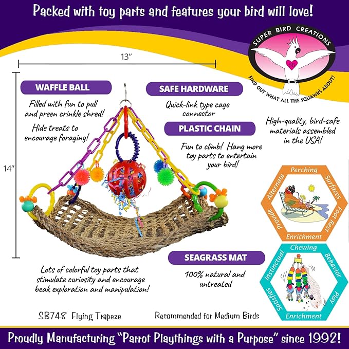 Super Bird Creations SB748 Flying Trapeze Bird Toy for Conures, Quakers, Caiques, Pionus, Senegals, Multi-Colored Chain, Seagrass Mat, Enrichment Toy - Medium Bird Size, 14" x 13" x 12"