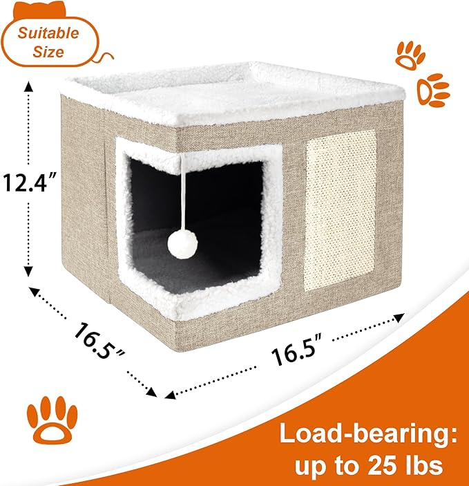 Cat Houses for Indoor Cats - Large Cat Bed Cave for Cat House with Scratch Pad and Fluffy Ball, Foldable Cat Hideaway with Reversible Cushion Cat Condo for Multi Small Pet, Khaki