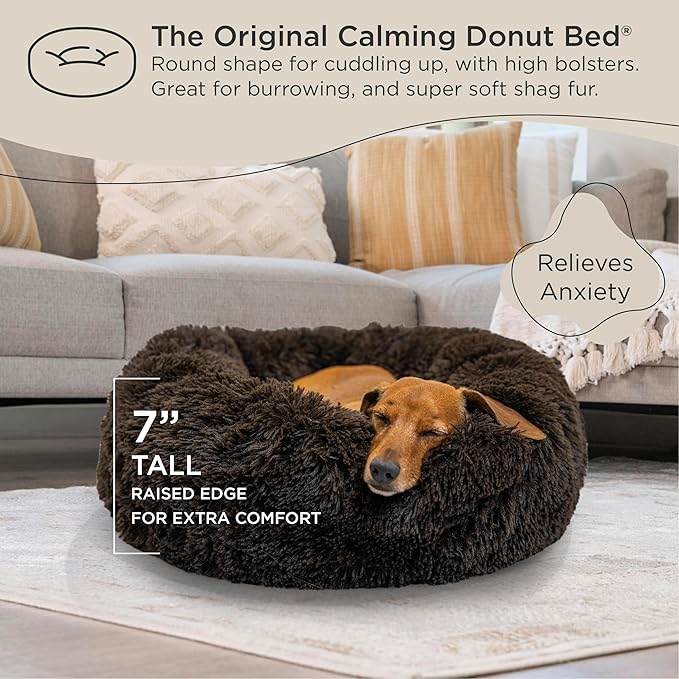 Best Friends by Sheri The Original Calming Donut Cat and Dog Bed in Shag Fur Dark Brown, Small 23"