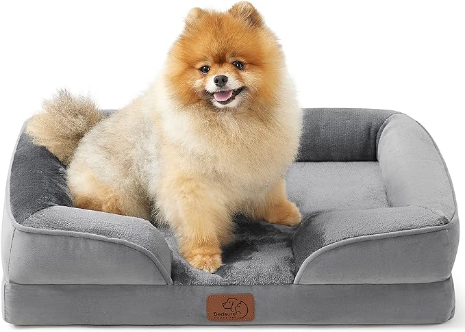 Bedsure Orthopedic Dog Bed - Bolster Dog Sofa Beds for Small Dogs, Supportive Foam Pet Bed with Removable Washable Cover, Waterproof Lining and Nonskid Bottom Couch, Grey