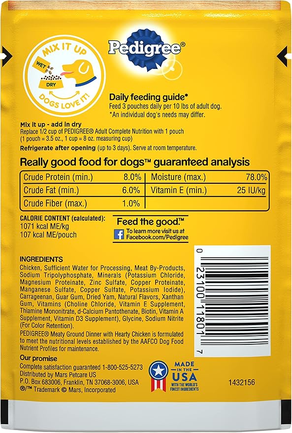 PEDIGREE CHOPPED GROUND DINNER Adult Soft Wet Dog Food With Hearty Chicken, 3.5 oz Pouches, 16 Pack