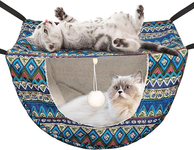 JSPYFITS Cat Cage Hammock with Ball,Double Layer Hanging Adjustable Soft Pet Bed Suit for Kitten Ferret Puppy Rabbit or Small Pets, 2 Level Indoor Pet Bad for All Season(Ethnic Style)