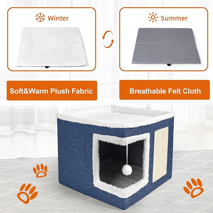 Cat Houses for Indoor Cats - Large Cat Bed Cave for Cat House with Scratch Pad and Fluffy Ball, Foldable Cat Hideaway with Reversible Cushion Cat Condo for Multi Small Pet, Navy Blue