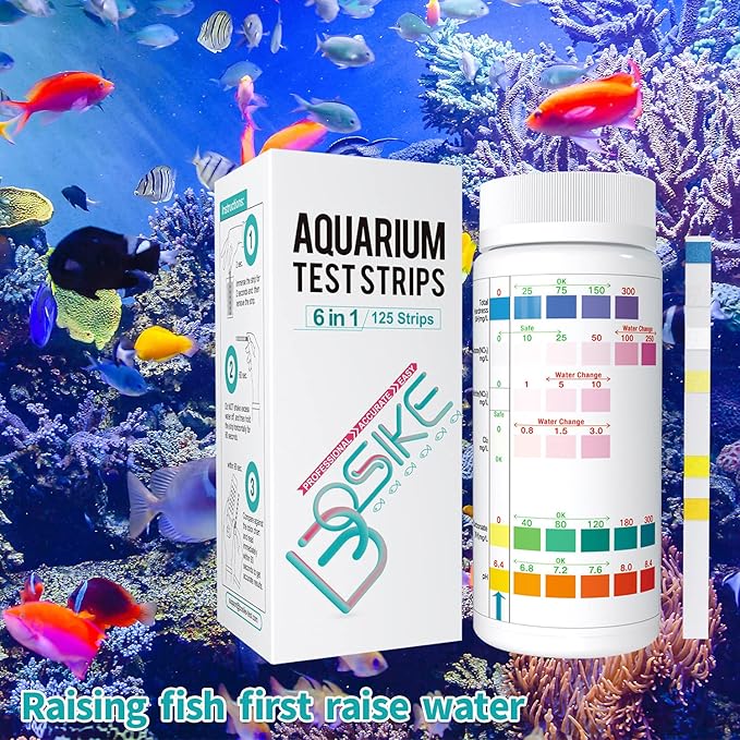 BOSIKE 6 in 1 Aquarium Test Strips Kit - 125 Fresh Water Fish Tank Tester Strips for Total Hardness, Nitrate, Nitrite, Cl2, Carbonate & ph Testing