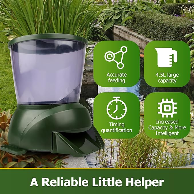 Pond Automatic Fish Feeder(4.5L),Large Pond Fish Feeder Automatic Dispenser Outdoor, Battery-Powered Timed and Quantitative,Suitable for Breeder to Use During Travel Or Poor Quality Weather.