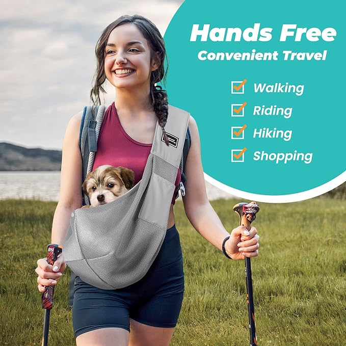Dog Carrier Sling, Hand-Free Dog Sling Carrier for Small Dogs and Cats，Travel Safety Puppy Bag (Gray)
