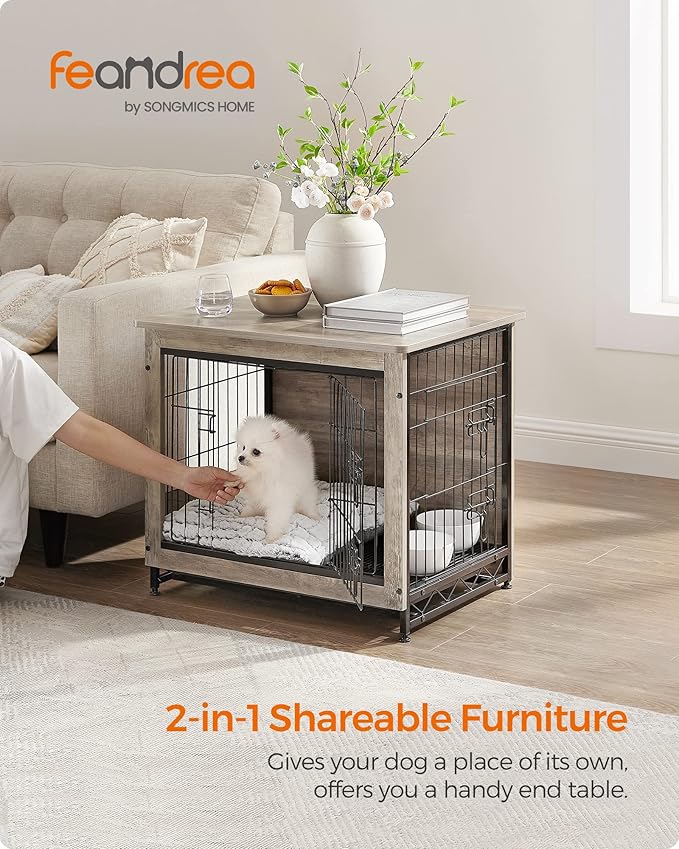 Feandrea Dog Crate Furniture, Side End Table, Modern Kennel for Dogs Indoor up to 30 lb, Heavy-Duty Dog Cage with Multi-Purpose Removable Tray, Double-Door Dog House, Greige UPFC001G01