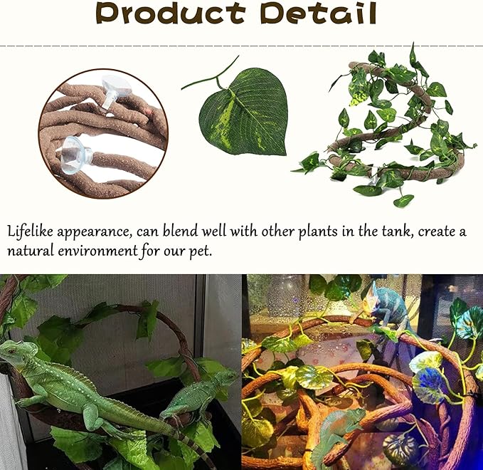 Tfwadmx Crested Gecko Tank Accessories 5Pcs Reptile Vines Plants Flexible Jungle Climbing Vine Gecko Coconut Coco Shell Hut Terrarium Plastic Plant Habitat Decor for Snake,Lizard,Hermit Crab