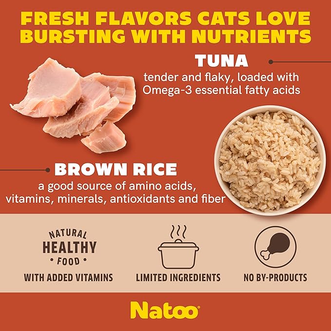 NATOO Cat Food Topper for Picky Eaters & Healthy Soft Cat Treat (Tuna & Brown Rice in Broth), Wet Cat Food, Gravy Cat Food, High Protein & Limited Ingredient Cat & Kitten Food, 2.4 oz (Case of 20)