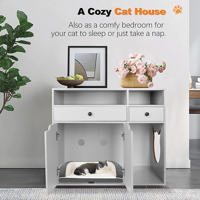 DOUSY- Wooden Cat Litter Box Enclosure, Hidden Litter Box Furniture Enclosed Cat Washroom Storage Cabinet with Storage Drawers, Open Compartments, Air Vents, for Living Room, Bedroom, Grey