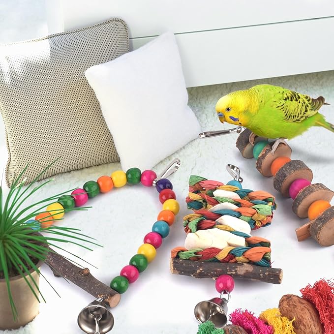 Bissap Bird Chew Toys, 7 Packs Parakeet Natural Wood Toys Parrot Hanging Cage Toy Bird Perch Stand for Small Bird Conure Cockatiel Parrotlet Lovebird Budgie