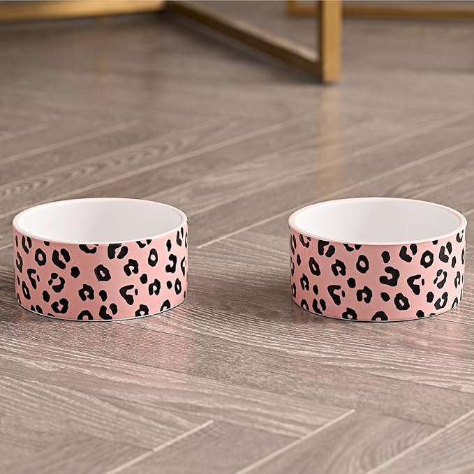 Juicy Couture Give Me Treats Pet Bowl Set - Pink Leopard 16 oz - Ceramic Set of 2 Bowls