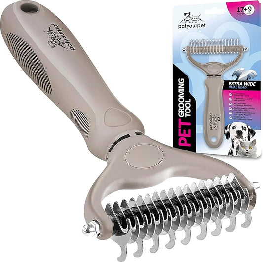 Pat your Pet Deshedding Dog Brush - Double Sided Undercoat Grooming Rake for Dogs & Cats, Dematting Comb and Shedding Tool, Extra Wide, Gray