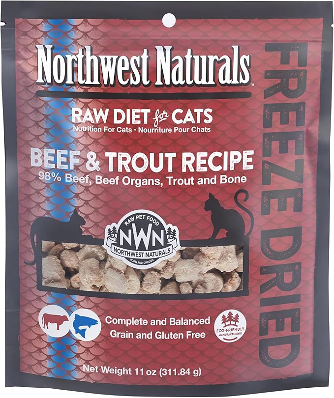 Northwest Naturals Freeze-Dried Beef & Trout Cat Food - Bite-Sized Nibbles - Healthy, Limited Ingredients, Human Grade Pet Food, All Natural - 11 Oz (Packaging May Vary)