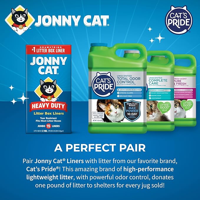 Jonny Cat Litter Box Liners: Heavy Duty - Tear & Leak Resistant - Drawstring Close - Jumbo, 15 Count