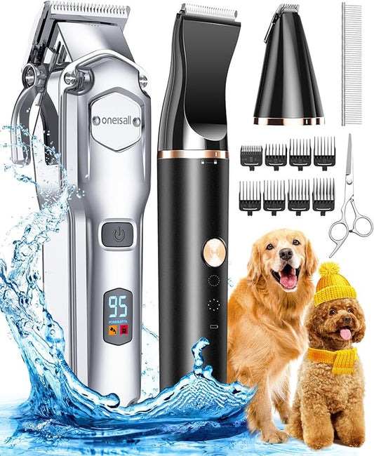 oneisall Dog Grooming Kit for Heavy Thick Hair&Coats/Low Noise Rechargeable Cordless Pet Shaver with Stainless Steel Blade and Dog Paw Trimmer/Waterproof Dog Shaver for Dogs Pets Animals