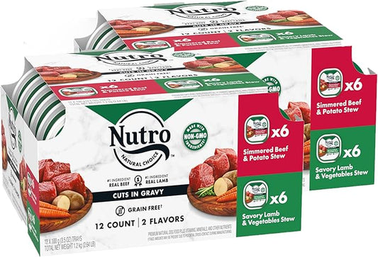 NUTRO Adult Natural Grain Free Wet Dog Food Cuts in Gravy Tender Chicken, Sweet Potato & Pea Stew Recipe and Roasted Turkey, Potato & Pea Stew Recipe Variety Pack, 3.5 oz. Trays (Pack of 24)