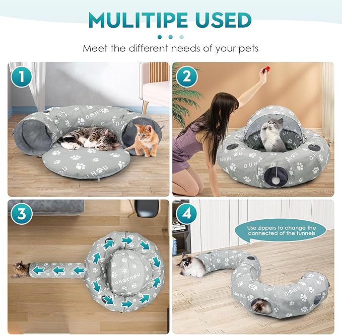 OUHOU Cat Tunnel Bed, Cat Tunnels for Indoor Cats, Peekaboo Cat Cave, Cat Donut Tunnel with Awning, Mat, 4 Balls and 6 Peek Holes, Cat Tubes for Kitten，Bunny, Puppy or Small Animals