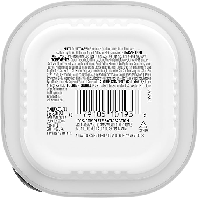 NUTRO ULTRA Adult Grain Free Soft Wet Dog Food, Trio of Proteins Chicken, Lamb & Whitefish with Superfoods Paté, 3.5 oz. Trays, Pack of 24