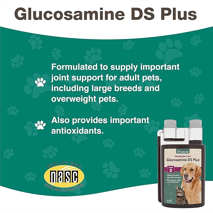 NaturVet Glucosamine DS Plus Hip & Joint Support Liquid Pet Supplement – Level 2 Moderate Care for Dogs & Cats – Includes Glucosamine, MSM, Chondroitin – 32 Oz