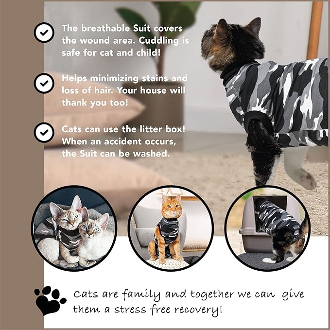 Suitical Recovery Suit for Cats | Spay and Neutering Cat Surgery Recovery Suit for Male or Female | Soft Fabric for Skin Conditions | S | Neck to Tail 16.9” - 20.1" | Black Camouflage