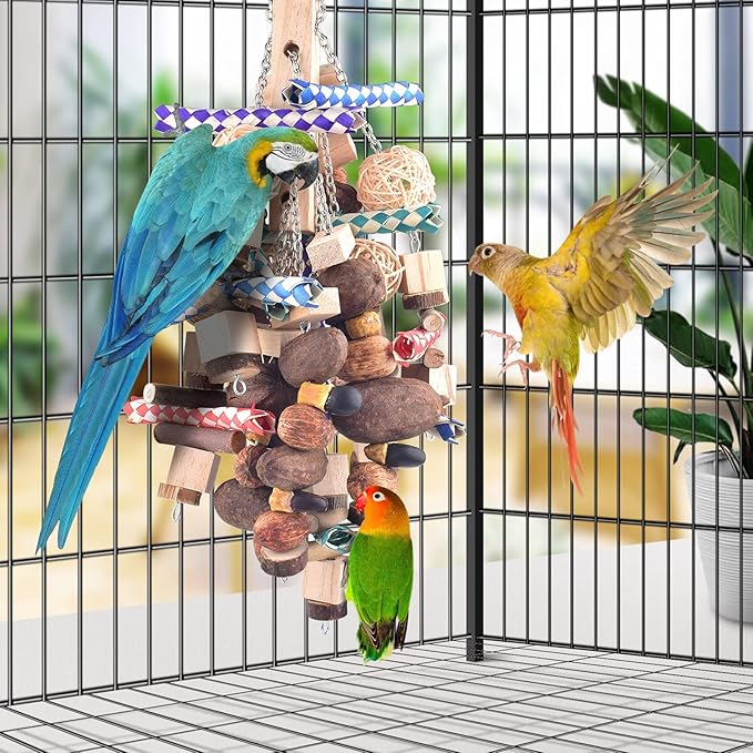 Bissap Large Parrot Chew Toys, 20.8in Bird Parrot Hanging Bite Wooden Blocks Cage Fun Toy for Macaw African Greys Cockatoo Eclectus Budgies Parakeet Cockatiel ect Large Medium Birds