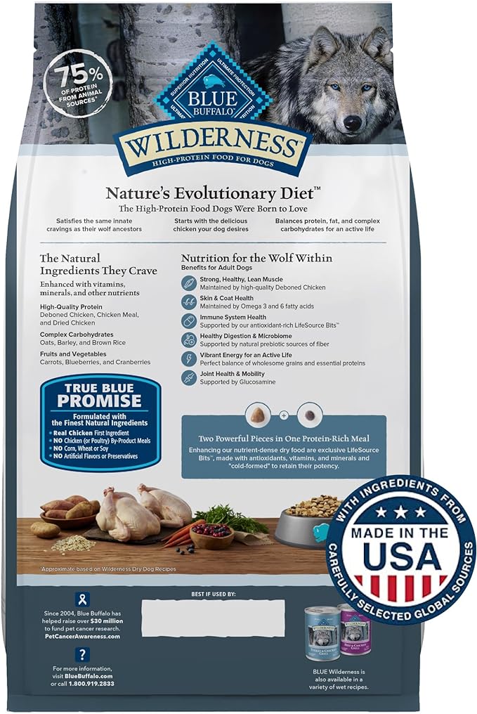 Blue Buffalo Wilderness Adult High-Protein Dry Dog Food with Real Chicken Plus Wholesome Grains, Made in the USA with Natural Ingredients, Chicken, 4.5-lb. Bag