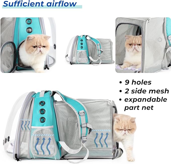 LOLLIMEOW Pet Carrier Backpack, Bubble Backpack Carrier, Cats and Puppies,Airline-Approved, Designed for Travel, Hiking, Walking & Outdoor Use (Square Expandable-Green)