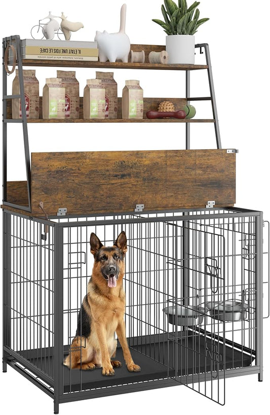 GAOMON Wooden Dog Crate Furniture with Storage Shelves,Dog Kennel Indoor with Removable Tray,Double Doors Modern Dog Crate, Dog House with Two Adjustable Stainless Steel Bowls,End Table Dog Crate