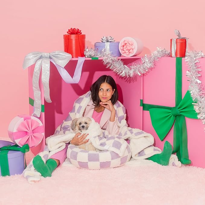 Lesure Waterproof Dog Blanket for Large Dogs - Washable Double Sided Dog Blankets with Warm Jacquard Shag and Soft Sherpa Fleece, Pet Cat blanket for Bed Couch Protection, 3D Textured Checks, Purple