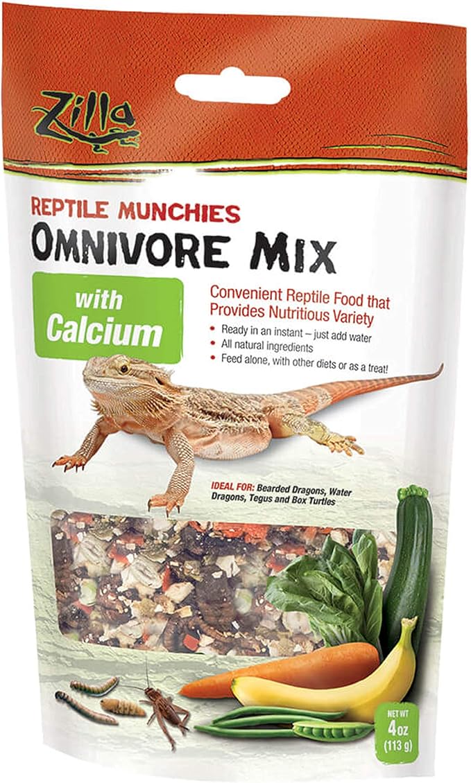 Zilla Reptile Munchies, Omnivore Mix with Calcium, Dehydrated and Sun Dried Vegetables and Insects, Natural with Added Calcium, Resealable Bag 4 oz.