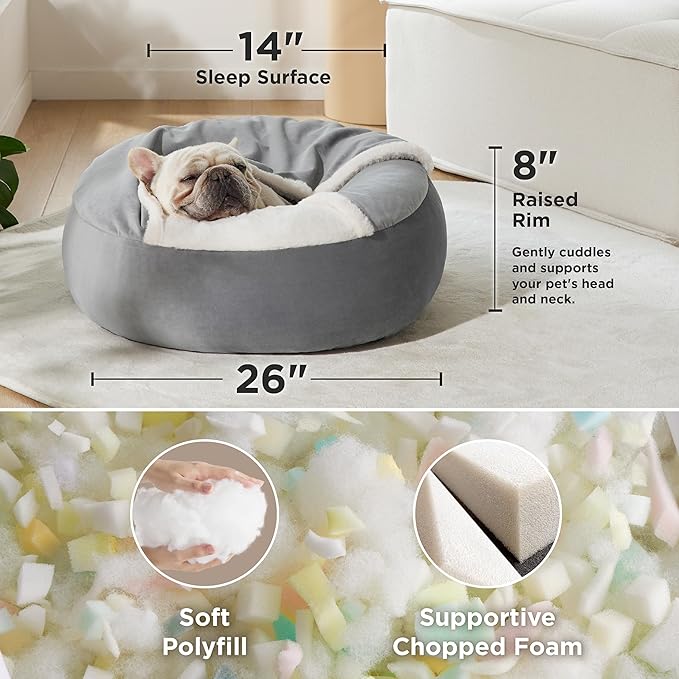 Lesure Medium Dog Bed with Cover Cave - Covered Round Dog Bed for Small and Medium Dogs, Machine Washable Burrow Pet Bed with Hooded Blanket, Cuddler Cozy Cave Dog Bed with Anti-Slip Bottom, Grey 26"